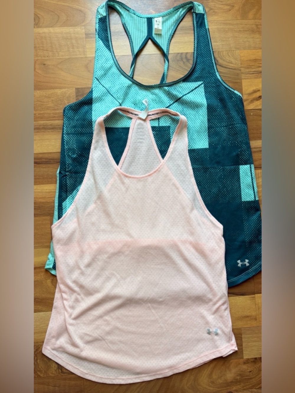 Under Armour Women's Light Pink Racerback Tank & Teal Patterned Tank Duo